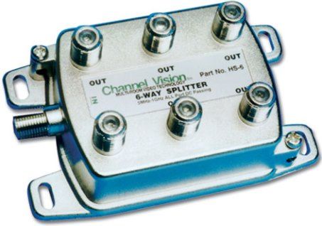 Channel Vision HS-6 Six-way Splitter/Combiner, 1GHz, DC pass all ports, 5-1000MHz Bandwidth, Max Insertion @ 1000MHz 11dB, RFI Isolation -120dB, Return Loss 50-1000MHz more than 16dB, Out to Out Isolation 50-1000MHz: more than 18.5dB, DC Resistance Output to In less than .1ohms, Bulk pack-poly bag, 9.0dB insertion loss, Machine threads, Grounding screw, UPC 690240011098 (HS6 HS 6)
