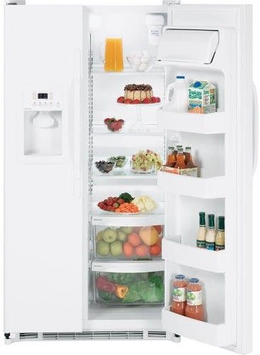 Hotpoint HSH25GFBWW Side-By-Side Refrigerator with Dispenser, White on White, 25.0 Cu. Ft. Capacity, Factory-Installed Icemaker, External electronic controls, Tall dispenser with child lock, Adjustable glass shelves, Sealed crisper, Door bins, Adjustable gallon door bins, Dispenser Light, Dairy Compartment, UPC 084691237365, Replaced HSS25GFTWW (HSH-25GFBWW HSH 25GFBWW HSH25-GFBWW HSH25 GFBWW)