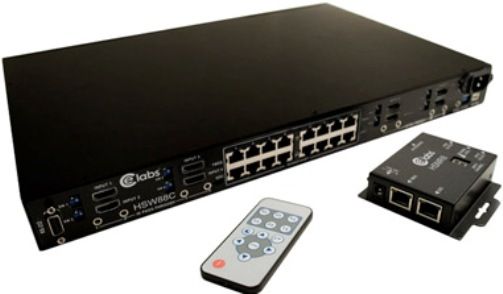 CE Labs HSW88C HDMI CAT5 Matrix Switcher, HDMI 1.3c (Deep Color), HDCP compliant, Allows any source to be displayed on multiple displays at once, Supports 7.1 channel digital audio, Matrix master can switch every output channel to any input HDMI input by push button, IR remote control, or RS-232 control (HSW-88C HSW 88C HS-W88C HSW88-C HSW88)