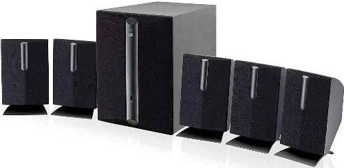 GPX HT050B 5.1-Channel Home Theatre Speaker System with Subwoofer; Subwoofer, front left and right speakers, rear left and right speakers, and center speakers; High power amplifier; 5.1 channel virtual surround sound; RCA stereo audio inputs; 3.5mm audio input; Bass controls; Digital volume control; Built-in AC power cable; Power on indicator and switch; UPC 047323510502 (HT-050B HT 050B HT050)