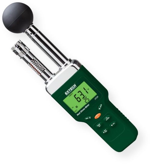 Extech HT200 Heat Stress Wet Bulb Globe Temperature Meter; Meter accurately determines the Heat Stress level by factoring a combination of humidity, temperature, air movement, and direct solar radiation; Black Globe Temperature monitors the effects of direct solar radiation on an exposed surface; WBGT high low alarm settings; UPC 793950112007 (HT200 HT-200 TEMPERATURE-HT200 EXTECHHT200 EXTECH-HT200 EXTECH-HT-200)
