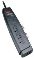 Tripp Lite HT706TSAT Home Theater Surge Protector/Suppressor 7 outlets coax 1680 Joules; Surge Suppressor Power Protection Type; 120 VAC Input Voltage; 50/60 Hz Frequency; NEMA 5-15R Input Connection Type; 6 ft. Cord Length; 1.5" x 14" x 2.75" Dimensions 