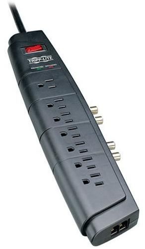 Tripp Lite HT706TSAT Home Theater Surge Protector/Suppressor 7 outlets coax 1680 Joules; Surge Suppressor Power Protection Type; 120 VAC Input Voltage; 50/60 Hz Frequency; NEMA 5-15R Input Connection Type; 6 ft. Cord Length; 1.5