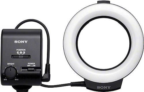 Sony HVL-RL1 LED Ring Light, Easily attach to 49 or 55 mm lenses, White LED Ring Light for macro shooting with 700 lux/0.98 ft max. illumination, Shoot with shadowless lighting using full illumination and high contrast, Get more depth from stereoscopic lighting with right/left illumination, Enjoy precise light with a non-step dimmer and softer light than flash, UPC 027242857384 (HVLRL1 HVL RL1)