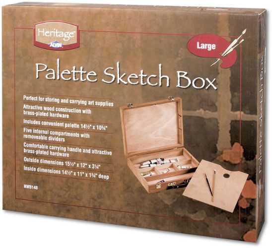 Heritage Arts HWB148 Palette Sketch Box Large; Perfect for storing and toting a variety of art supplies, these attractive wood sketch boxes include palette; Large sketch box measures 15.5