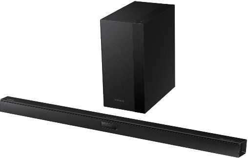 Samsung HW-H450 Sound Bar System, Subwoofer, sound bar System Components, Active Speaker Type, 290 Total Watt Nominal Output Power, Integrated Audio Amplifier, Bluetooth Connectivity Interfaces, Dolby Digital, DTS decoder Built-in Decoders, USB host Built-in Devices, WAV, WMA, AAC, MP3, FLAC, OGG Supported Digital Audio Standards, EQ mode selector, power on/off, volume Controls, UPC 887276974675 (HWH450 HW-H450 HW H450)