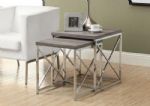Monarch I 3255 NESTING TABLE - 2PCS SET / DARK TAUPE WITH CHROME METAL; With a dark taupe reclaimed wood-look top, this 2 piece nesting table set gives an exceptional look to any room; The original criss-cross chromed metal base provides sturdy support as well as a contemporary look; Use this multi-functional set as end tables, lamp tables, decorative display tables, or simply as accent pieces for any living space; PRODUCT DIMENSIONS: 20"L x 20"W x 20"H; UPC 021032286309 (I3255 I 3255 I 3255) 