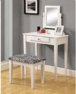 Monarch I 3390 Vanity Set - 2pcs Set / White With A Zebra Fabric Stool; This classy 2 piece vanity set will be a fabulous addition to your bedroom or dressing area; Create a peaceful space to get ready for your day, or for a fun night out; This piece features smooth lines, solid wood legs, a vertical swivel mirror, and a center drawer to keep brushes, make-up or other accessories; UPC  021032258696 (I3390 I 3390 I 3390) 