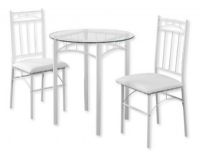 Monarch Specialties I1001 Three Piece Dining Set Made of Metal and Tempered Glass, Consists of a White Round Table with a Clear Glass Top and Two White Metal Cushioned Leather Look Chairs; White and Clear Color; UPC 680796000455 (MONARCH I101 I 101 I-101) 