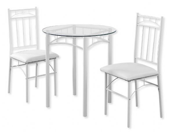 Monarch Specialties I1001 Three Piece Dining Set Made of Metal and Tempered Glass, Consists of a White Round Table with a Clear Glass Top and Two White Metal Cushioned Leather Look Chairs; White and Clear Color; UPC 680796000455 (MONARCH I101 I 101 I-101)