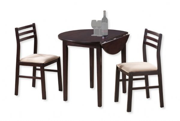Monarch Specialties I 1009 Cappuccino 3Pcs Drop Leaf Dining Set, Solid-top drop leaf, Sleek square legs, Straight edges, Padded upholstered seating for comfort, Ladder back design, Clean lines, Cappuccino finish, 6