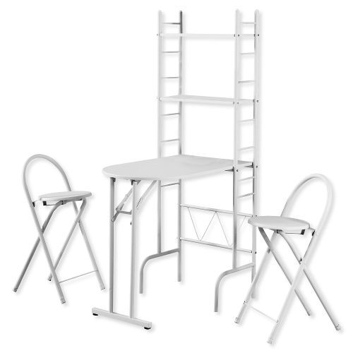 Monarch Specialties I 1010 Three Pieces White Dining Set; Convenient fold away 3pc dining set with shelf unit (1 table/shelf unit, 2 stools); Ideal for small kitches, apartments, condos, dorm rooms; Made in Metal tube, PVC ; Table top folds Back Flat And Chairs Can Be Folded And Stored Behind The Unit; 2 Convenient Shelves Attached to Store Glasses, Plates, Dining accessories; Weight 41 lbs; UPC 878218005571 (I1010 I 1010)