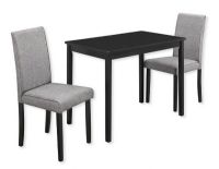 Monarch Specialties I 1016 Three Piece Wooden Dining Set with Two Gray Linen Upholstered Parson Chairs, Consists of a Table and Two Chairs; Black and Gray Color; UPC 680796001278 (MONARCH I1016 I 1016 I-1016) 