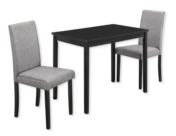 Monarch Specialties I 1016 Three Piece Wooden Dining Set with Two Gray Linen Upholstered Parson Chairs, Consists of a Table and Two Chairs; Black and Gray Color; UPC 680796001278 (MONARCH I1016 I 1016 I-1016)