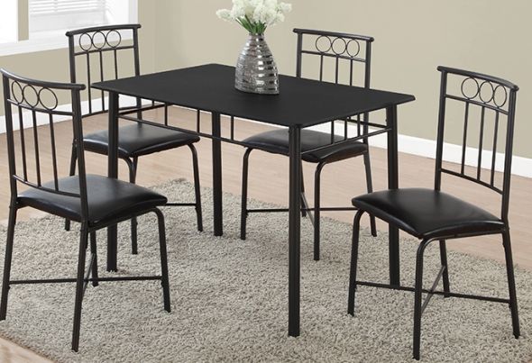 Monarch Specialties I 1018 Five Pices Dining Black Metal Set; Includes: 1 Table + 4 Chairs; Padded seats upholstered in easy care leather-look material; Sturdy metal support on the legs, apron, and chair; Shipping Weight: 66 Lbs,  UPC 878218005601 (I1018 I 1018) 