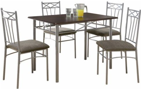 Monarch Specialties I 1020 Cappuccino & Silver Metal 5 Piece Dining Set, Sleek style, Cappuccino finish, Silver tube metal legs, Decorative accents on chairs, Plush cushion seats for added comfort, 43