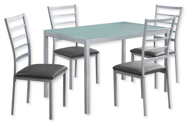 Monarch Specialties I 1026 Five-Piece Frosted Tempered Glass and Silver Metal Dining Set with Four Leather-Look Upholstered Chairs, Consists of a Table and Four Chairs; Silver and Gray Color; UPC 680796000462 (MONARCH II 1026 I I 1026 I-I 1026)