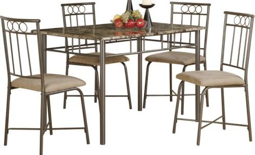 Monarch Specialties I 1029 Cappuccino Marble and Bronze Metal 5 Piece Dining Set, Sleek style, Cappuccino finish, Bronze tube metal legs, Decorative accents on chairs, Plush cushion seats for added comfort, 43