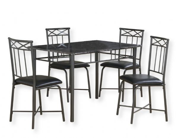 Monarch Specialties I 1036 Grey Marble and Charcoal Metal Metal 5 Piece Dining Set, Sleek style, Grey Marble finish, Charcoal tube metal legs, Decorative accents on chairs, Plush cushion seats for added comfort, 43