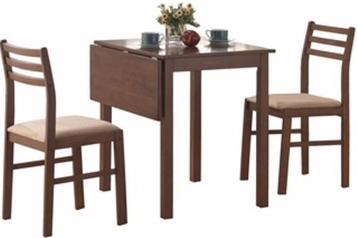 Monarch Specialties I 1079 Walnut 3 Piece Solid Top Drop Leaf Dining Set, Square drop leaf, Casual style, Padded seat cushion, Drop leaf table, 30