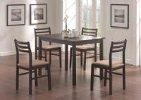 Monarch Specialties I 1111 Cappuccino Veneer Five Pieces Dining Set; Offers classic styling that will blend with any décor; Rectangular table features a solid wood top, straight edges and sleek square legs; Armless side chairs feature a ladder back design with padded upholstered seating for comfort; UPC 021032186098 (I1111 I-1111) 