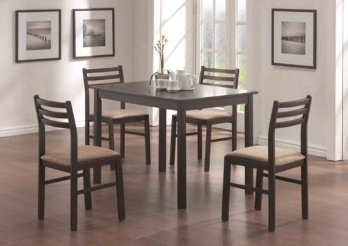Monarch Specialties I 1111 Cappuccino Veneer Five Pieces Dining Set; Offers classic styling that will blend with any dcor; Rectangular table features a solid wood top, straight edges and sleek square legs; Armless side chairs feature a ladder back design with padded upholstered seating for comfort; UPC 021032186098 (I1111 I-1111)