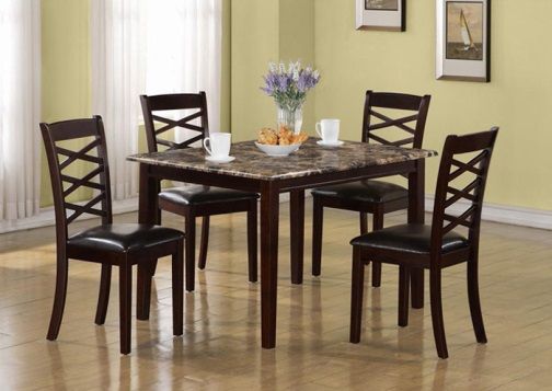 Monarch Specialties I 1205 Dark Cherry Marble Venner Five Piece Dining Set; Offers classic styling that will blend with any dcor; Rectangular table features a marble veneer top, which draws the eye with its muted shades of cream, onyx and gray that provide a durable yet beautiful surface; UPC 021032242169 (I1205 I-1205)