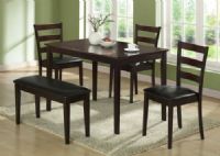 Monarch Specialties I 1211 Cappuccino Five Piece Dining Set with a Bench and 3 Side Chairs; Perfect solution for small kitchens or dining spaces; Sleek rectangular dining table features tapered square legs that adds a modern appeal; Side chairs have horizontal curved back slats and are upholstered in a padded two tone material; UPC 021032206284 (I1211 I-1211) 