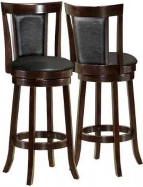 Monarch Specialties I 1287 Black and Cappuccino Wood Swivel Barstool, Black leather-look cushions, Sturdy solid wood legs, Beautiful rich Cappuccino finish, Well positioned footrest, Faux Leather Upholstery, Residential Usage, Armless, Foot Rest, 21.5