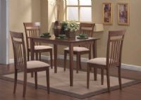 Monarch Specialties I 1720 Walnut 5-Piece Dining Set; Rectangular table features a solid wood top, straight edges and sleek square tapered legs; Side chairs feature vertical slat backs with padded upholstered seating for comfort; Clean lines of this set paired with a warm walnut finish, will help create a timeless look that you and your family will love; UPC 021032170950 (I1720 I-1720) 