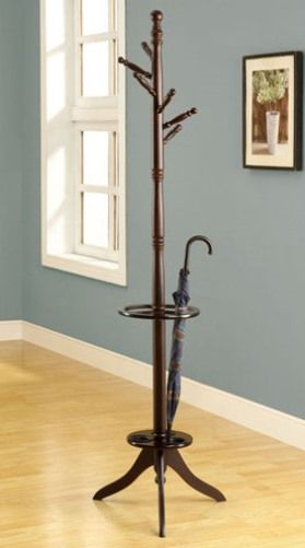 Monarch Specialties I 2005 Cappuccino Solid Wood Coat Rack with Umbrella Holder; Leaving you free to pile on the coats, jackets and hats, this solid wood coat rack with umbrella stand holds everything in place; Original turned post with multiple hanging pegs, takes a creative spin on this functional coat rack and umbrella holder; UPC 021032260507 (I2005 I-2005)