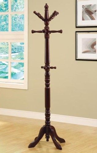 Monarch Specialties I 2011 Cherry Traditional Solid Wood Coat Rack; Complete the functionality of your home with this classic coat rack; Beautiful turned post anchored with a sturdy pedestal base brings plenty of stylish storage into your living space making it simple to organize your entryway, hallway or living room; UPC 021032260514 (I2011 I-2011)