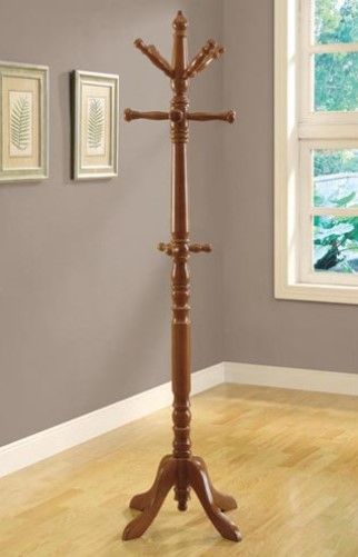 Monarch Specialties I 2012 Oak Traditional Solid Wood Coat Rack; Complete the functionality of your home with this classic coat rack; Beautiful turned post anchored with a sturdy pedestal base brings plenty of stylish storage into your living space making it simple to organize your entryway, hallway or living room; UPC 021032260521 (I2012 I-2012)
