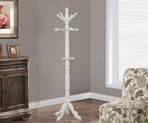 Monarch Specialties I 2013 Antique White Traditional Solid Wood Coat Rack; Complete the functionality of your home with this classic coat rack; Beautiful turned post anchored with a sturdy pedestal base brings plenty of stylish storage into your living space making it simple to organize your entryway, hallway or living room; UPC 878218000293 (I2013 I-2013)