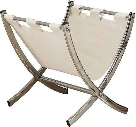 Monarch SpecialtiesI 2036 White Leather-Look/Chrome Metal Magazine Rack; Warm up your home with this fashion forward black leather-look and chrome magazine rack; Ample storage for remote controls, books, magazines and much more; Dimensions 15