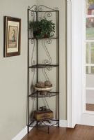 Monarch Specialties I 2100 Copper Metal 70"H Corner Display Etagere; Offers a distinctive storage solution for any room in your home, great for tight spaces because it fits right into the corner of your room; Scroll motif in copper metal provides four shelves that offer an abundance of storage space for picture frames, plants, candles and any other collectibles; UPC 021032213473 (I2100 I-2100) 