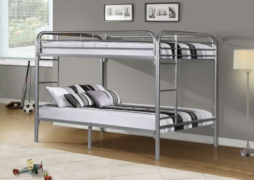 Monarch SpecialtiesI 2233S Silver Metal Twin/Full Bunk Bed Only, Fun space saving design of this silver metal full/full bunk bed will make a wonderful addition to your childs bedroom, Convenient built in ladders on each side leads up to the top bunk which is surrounded with full length guard rails for extra piece of mind, UPC 878218000088 (I2233S I-2233S)