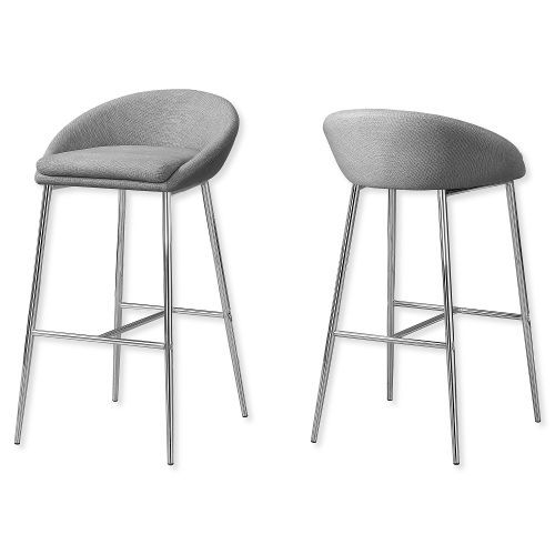 Monarch Specialties I 2299 Set of Two Bar Height Barstools With Chrome Metal Base and Upholstered In A Soft Textured Gray Fabric; Gray and Chrome; UPC 680796012373 (I 2299 I2299 I-2299)