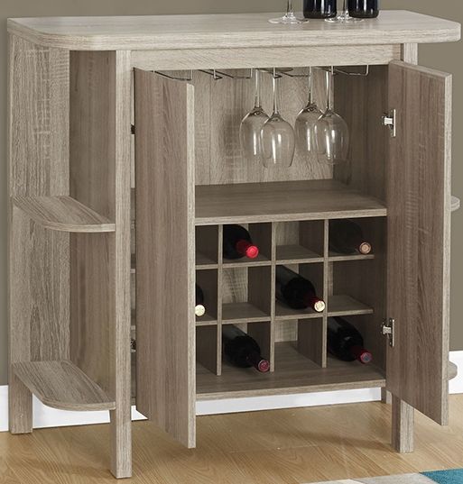 Monarch Specialties I 2323 Dark Taupe With Bottle and Glass Storage Home Bar; 2 door cabinet style closed storage; Suspended stem glass holder (23