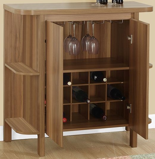 Monarch Specialties I 2324 Walnut With Bottle and Glass Storage Home Bar; 2 door cabinet style closed storage; Suspended stem glass holder (23