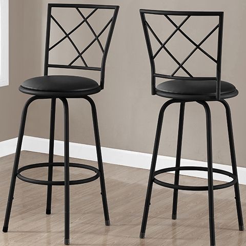 Monarch Specialties I 2375 Two Pieces Black Leather Look Barstool; Include: 2 piece set; Comfortably padded leather-look swivel seats (360 degrees); Perfectly positioned footrest; Matte black metal frame; Criss-cross styled back; Seat height: 29.5