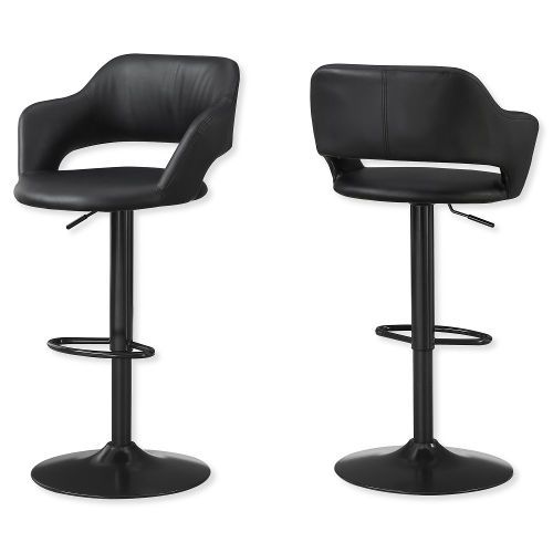 Monarch Specialties I 2381 Contemporary Style Barstool With Hydraulic Lift, Black Metal Base, and Black Leather-Look Seat; Hydraulic lift with adjustable height from 24.25 Inches to 29.75 Inches and round footrest below for comfort; 360 degree swivel; UPC 680796012410 (I 2381 I2381 I-2381)