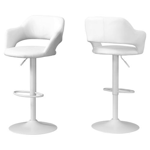Monarch Specialties I 2382 Contemporary Style Barstool With Hydraulic Lift, White Metal Base, and White Leather-Look Seat; Hydraulic lift with adjustable height from 24.25 Inches to 29.75 Inches and round footrest below for comfort; 360 degree swivel; UPC 680796012427 (I 2382 I2382 I-2382)