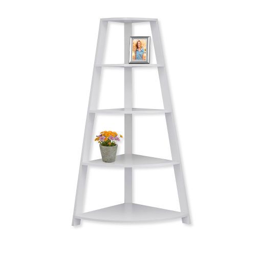 Monarch Specialties I 2425 Sixty-Inch-High Corner Bookcase or Etagere in White Finish; Four fixed tray style shelves; Perfect as a corner bookcase or accent piece; UPC 878218009609 (I 2425 I2425 I-2425)
