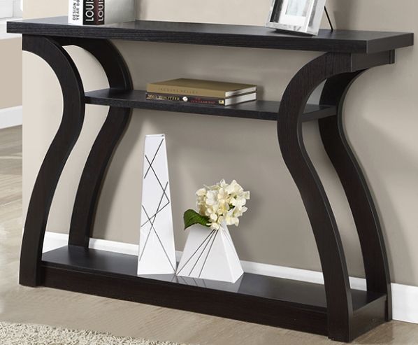 Monarch Specialties I 2445 Cappuccino Hall Console Accent Table; Ample surface area for displaying your favorite decorative items; Three tiered, open concept design; Unique curved base; Can be used as a sofa or hall console table; Top: 47