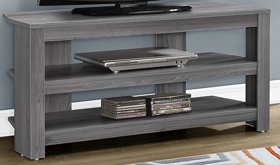Monarch Specialties I 2566 Grey Corner Tv Stand; Blends well with any decor; Two open concept shelves; Accomodates up to a 42