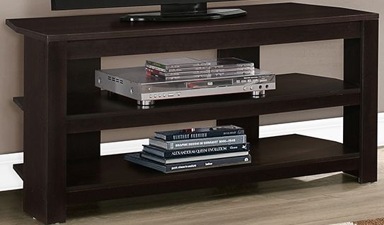 Monarch Specialties I 2568 Cappuccino Corner Tv Stand; Blends well with any decor; Two open concept shelves; Accomodates up to a 42