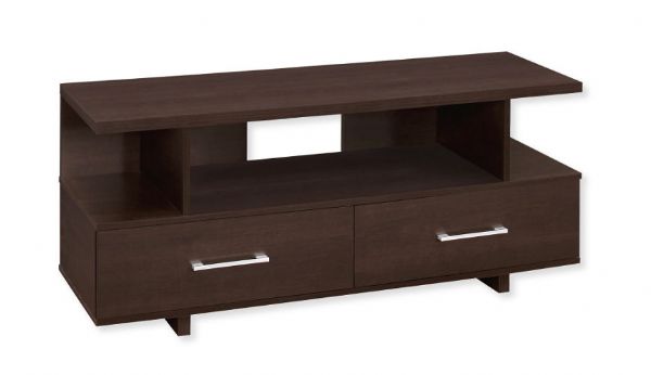 Monarch Specialties I 2606 Forty-Eight-Inch-Long TV Stand With Two Storage Drawers in Cappuccino Finish; Multi-purpose TV stand for a living room, family room, or den; Accommodates all TV sizes with a center stand; 3 open shelves for a DVD player, cable box, or small stereo system; UPC 680796001605 (I 2606 I2606 I-2606)