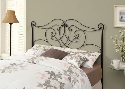 Monarch Specialties I 2611Q Satin Black Queen/Full Size Combo Headboard Or Footboard Only; Add elegance and style to your bedroom with this thick, bent metal, scrolled, traditional headboard; Can accommodate a queen or full-size bed frame and is versatile as a headboard and/or footboard; Dimensions 62