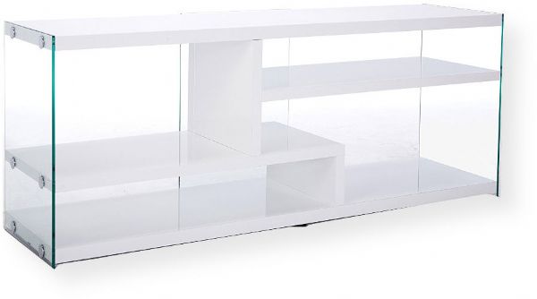 Monarch Specialties I 2690 Glossy White With Tempered Glass Tv Stand; Contemporary design with 8mm thick tempered glass panels on the sides and center back; Fixed storage shelves for media componentes and accessories; Accomdates up to a 60